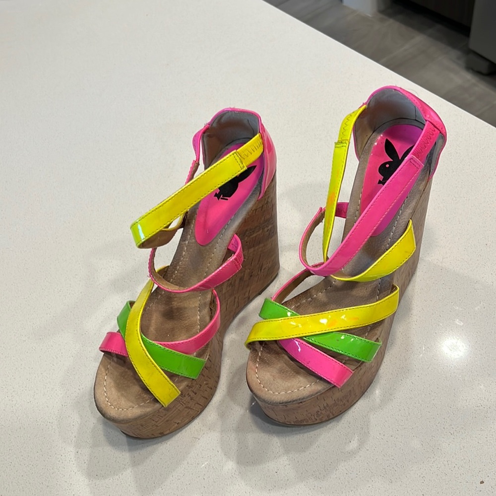 Multi Color Neon Strap Playboy Wedges